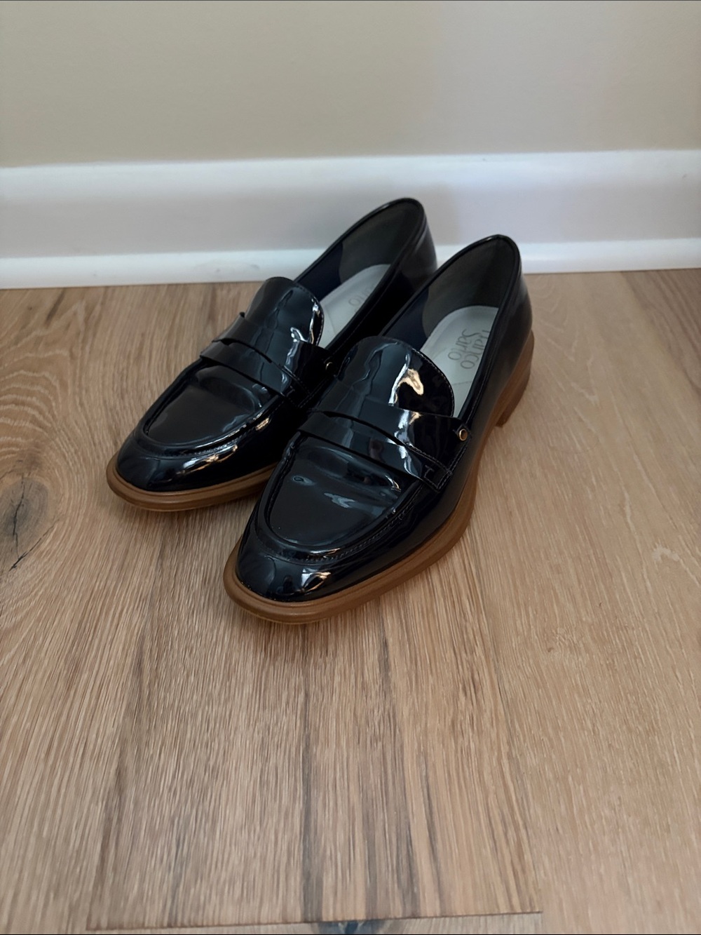 Patent Leather Penny Loafers in Navy with Tan Soles